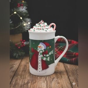 Royal Norfolk Tall Mug- Snowman with Red Coat and Striped Light Green Scarf